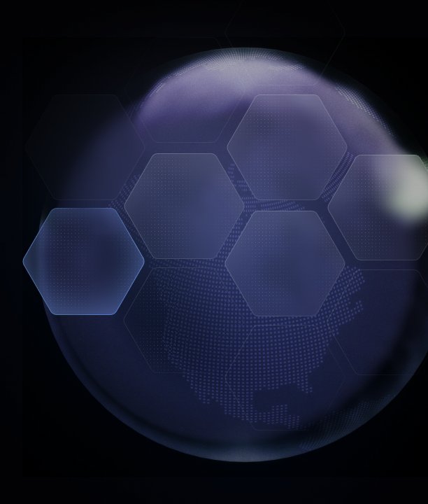 Glass globe with hexagon panels over a dotted world map