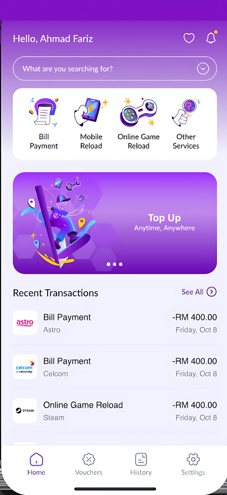 e-pay+ app home screen, built and supported by PGV